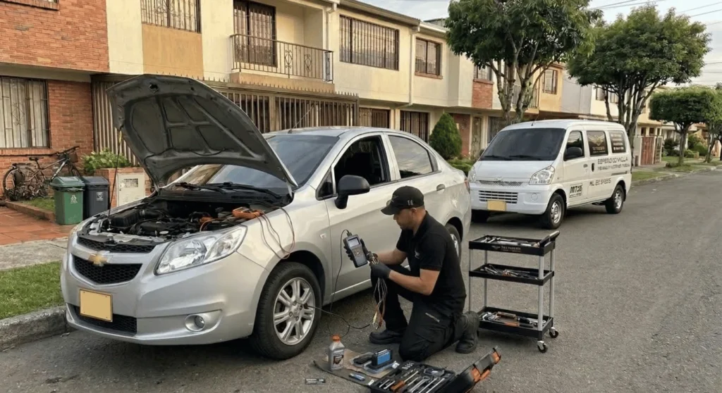 Mecánico profesional realizando un diagnóstico eléctrico y revisión de frenos a domicilio a un carro Chevrolet en una calle residencial de Medellín, utilizando un escáner sin necesidad de desmontar la llanta, con una van de servicio automotriz al fondo.